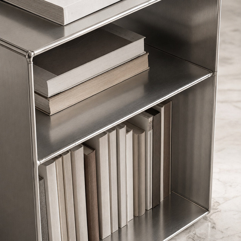 Minimalist Stainless Steel Side Table — Compact Design, 55 x 40 x 30 cm, Functional Storage