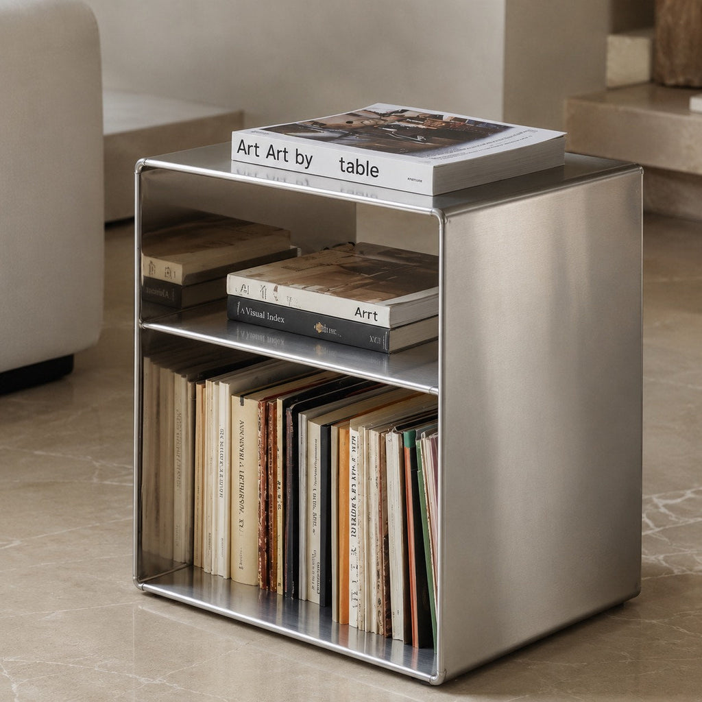 Minimalist Stainless Steel Side Table — Compact Design, 55 x 40 x 30 cm, Functional Storage