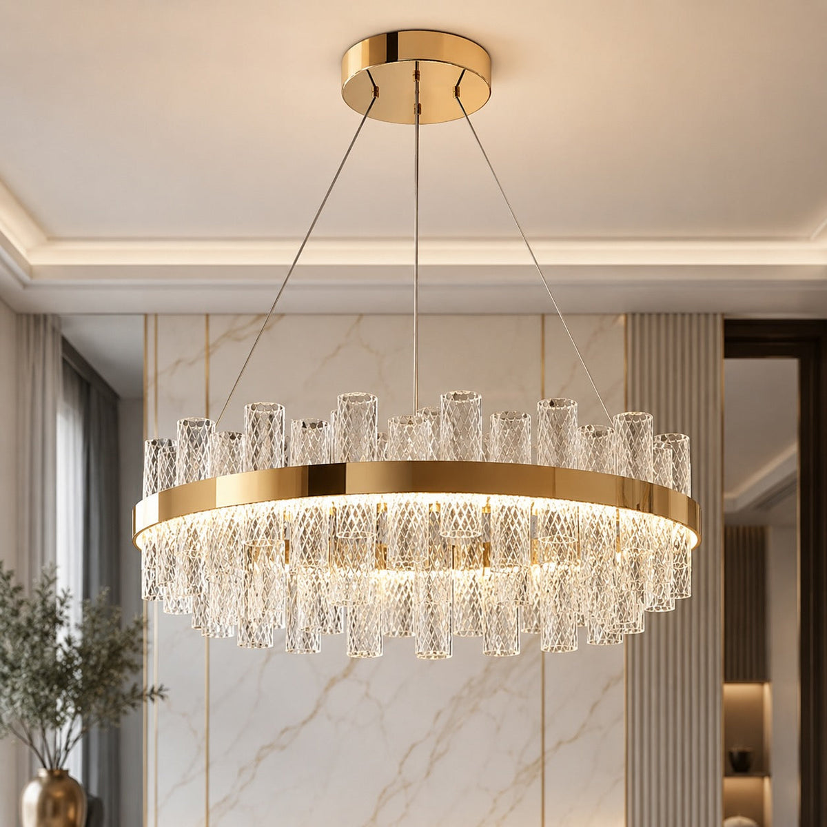 Modern LED Chandelier — Crackled Glass Shade, Stainless Steel Frame, Adjustable Suspension