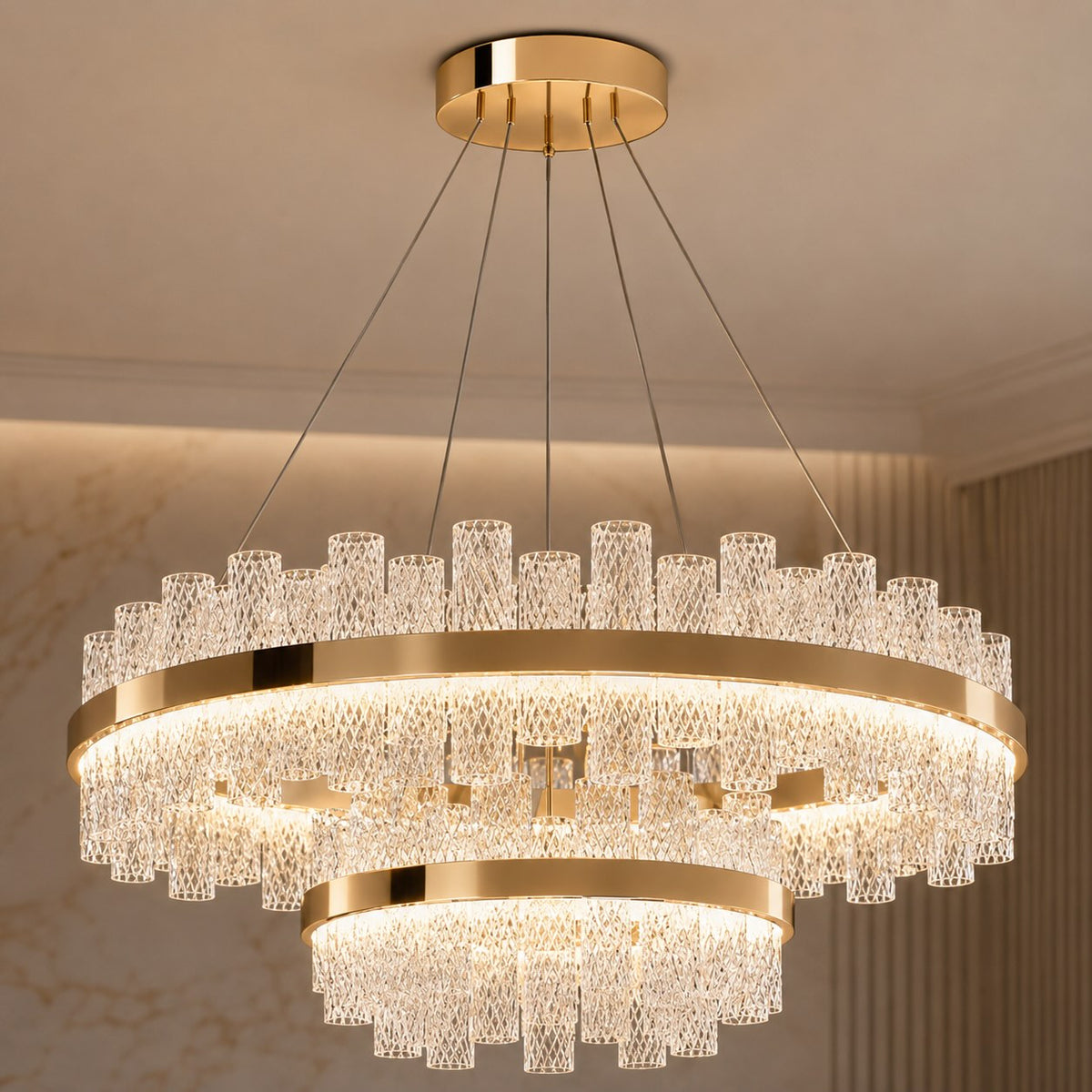 Modern LED Chandelier — Crackled Glass Shade, Stainless Steel Frame, Adjustable Suspension
