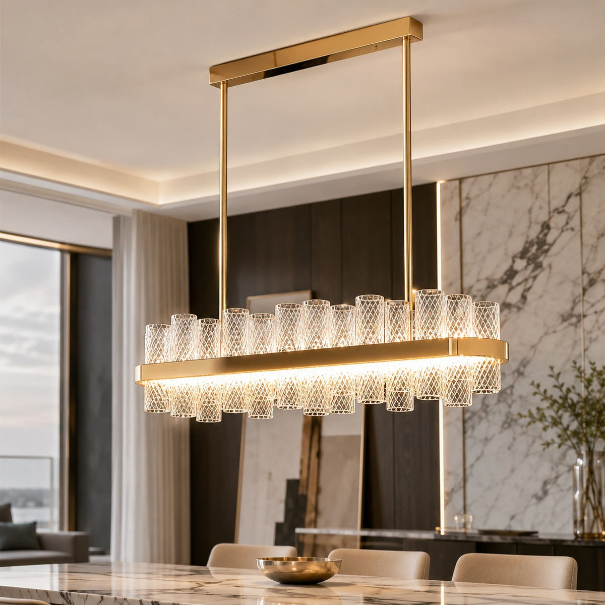 Modern LED Chandelier — Crackled Glass Shade, Stainless Steel Frame, Adjustable Suspension