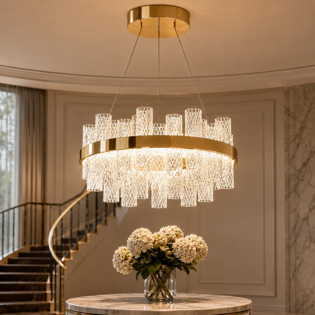 Modern LED Chandelier — Crackled Glass Shade, Stainless Steel Frame, Adjustable Suspension
