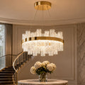 Modern LED Chandelier — Crackled Glass Shade, Stainless Steel Frame, Adjustable Suspension