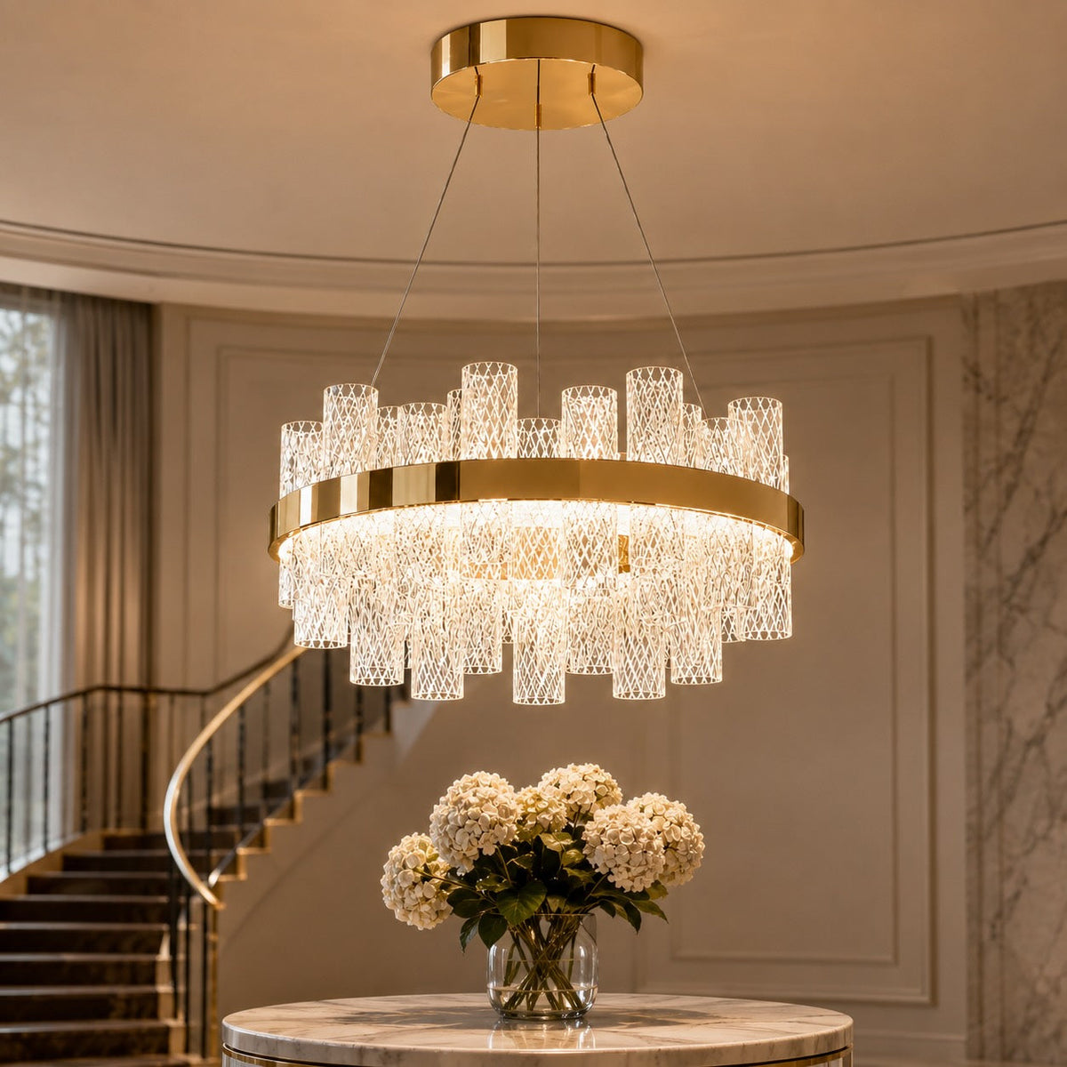 Modern LED Chandelier — Crackled Glass Shade, Stainless Steel Frame, Adjustable Suspension