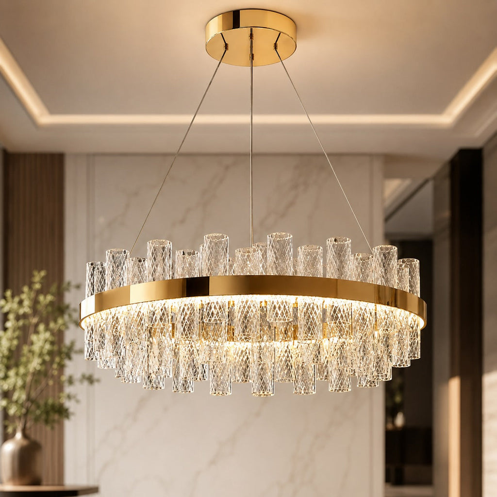 Modern LED Chandelier — Crackled Glass Shade, Stainless Steel Frame, Adjustable Suspension