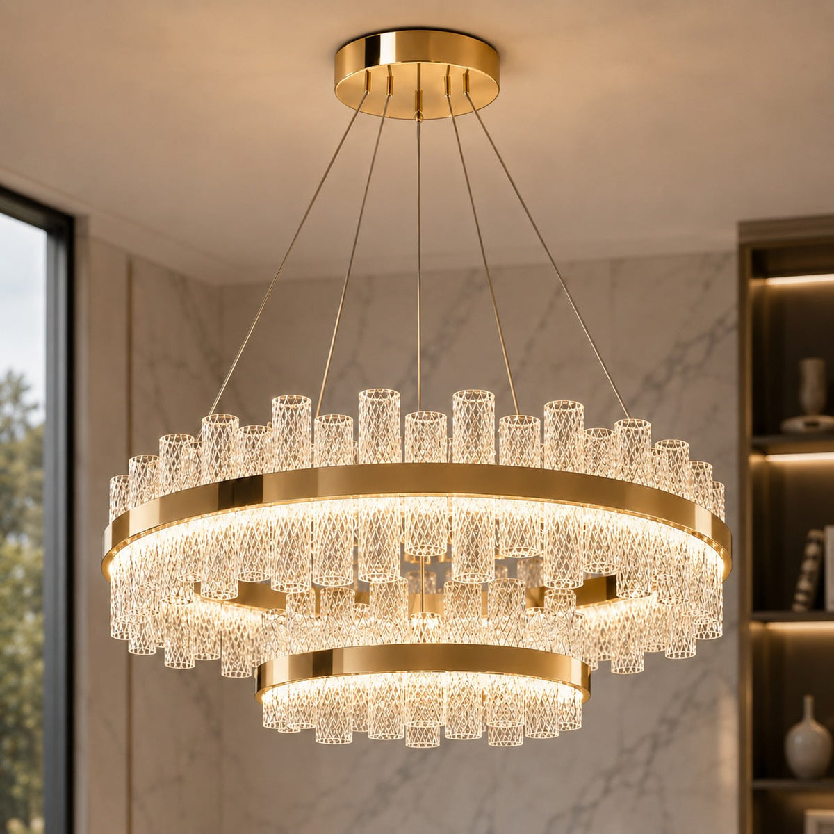 Modern LED Chandelier — Crackled Glass Shade, Stainless Steel Frame, Adjustable Suspension