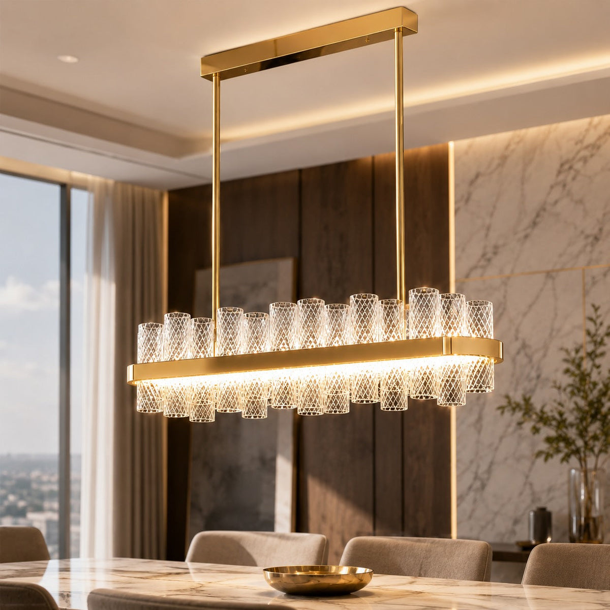 Modern LED Chandelier — Crackled Glass Shade, Stainless Steel Frame, Adjustable Suspension