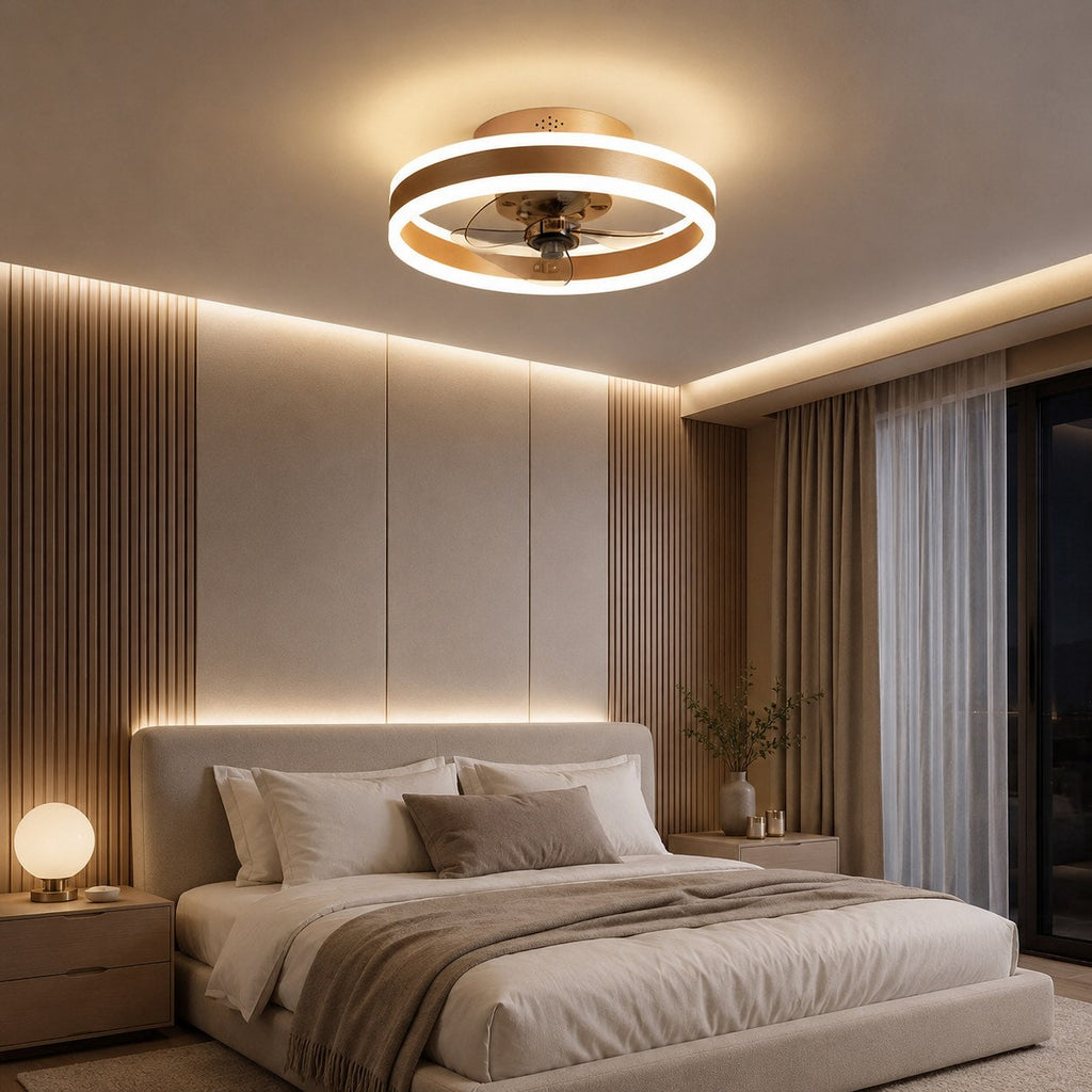 Modern Gold Flush Mount Ceiling Fan — Dimmable LED Light, ABS Blades