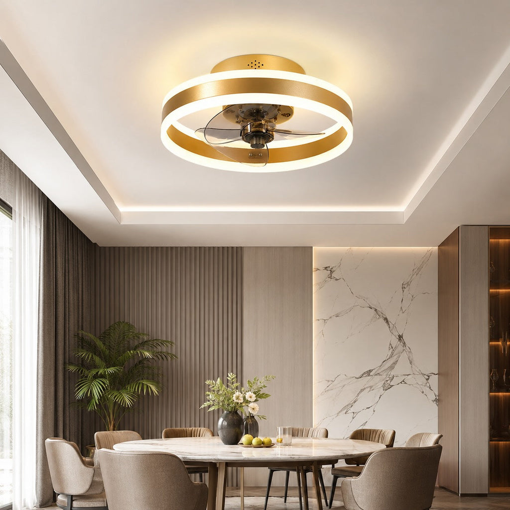 Modern Gold Flush Mount Ceiling Fan — Dimmable LED Light, ABS Blades