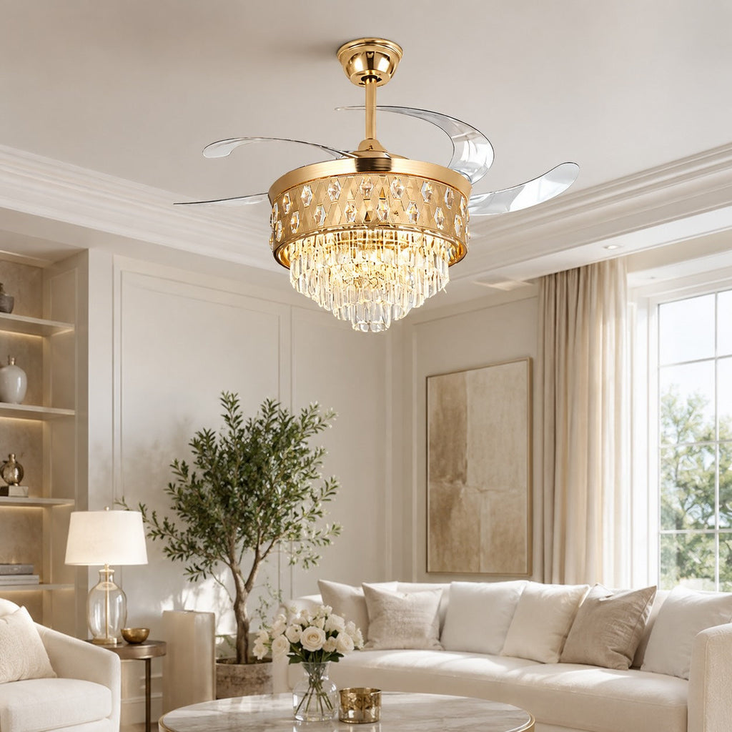 Moderni plafondikattotuuletin - kultainen rauta, kristallivarjostin, himmennettävä 48 W:n LED