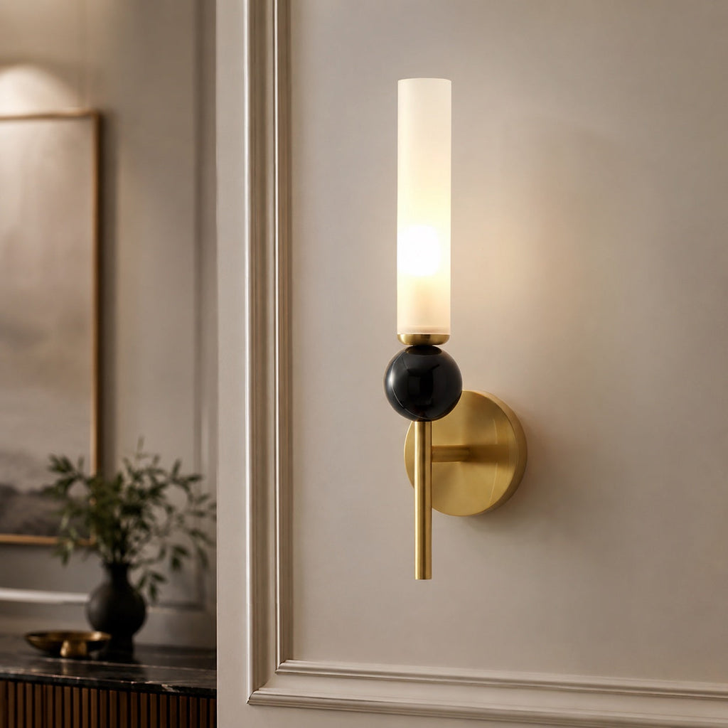Modern Vertical Mount Wall Sconce — Solid Brass Frame, White Acrylic Shade