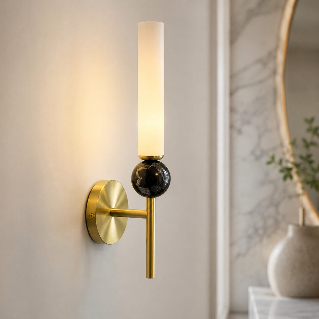 Modern Vertical Mount Wall Sconce — Solid Brass Frame, White Acrylic Shade