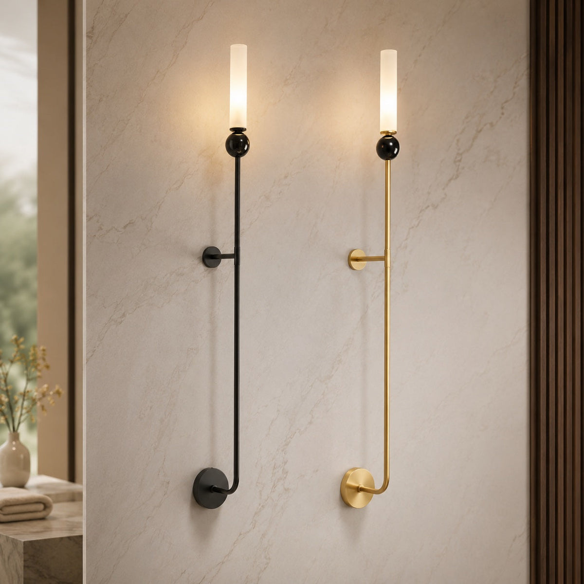 Modern Vertical Mount Wall Sconce — Solid Brass Frame, White Acrylic Shade