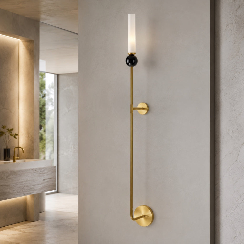 Modern Vertical Mount Wall Sconce — Solid Brass Frame, White Acrylic Shade