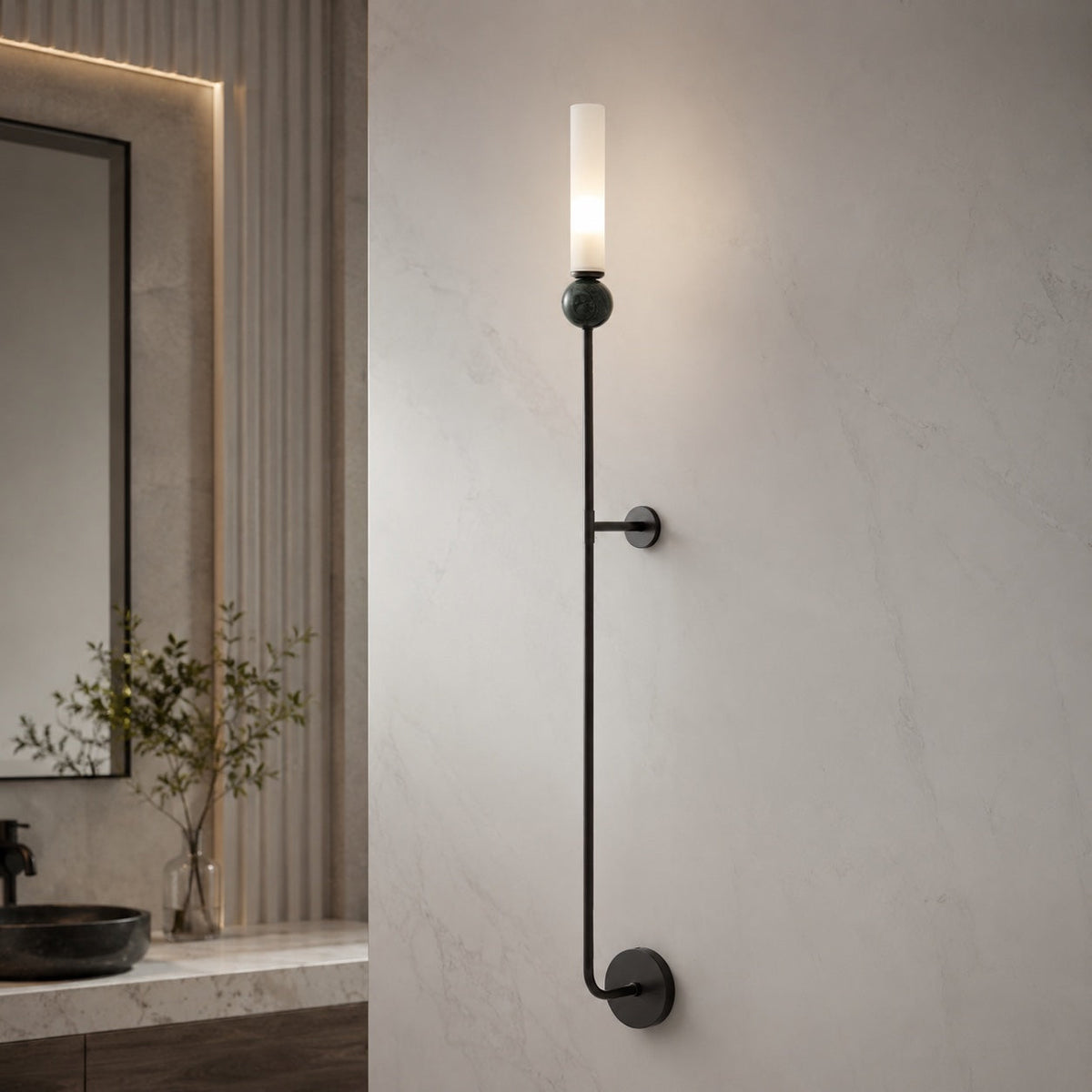 Modern Vertical Mount Wall Sconce — Solid Brass Frame, White Acrylic Shade