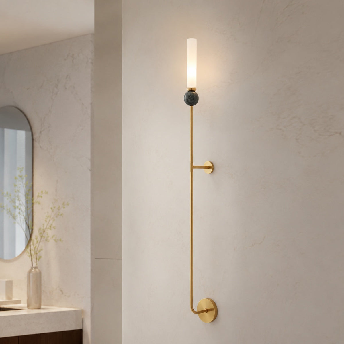 Modern Vertical Mount Wall Sconce — Solid Brass Frame, White Acrylic Shade