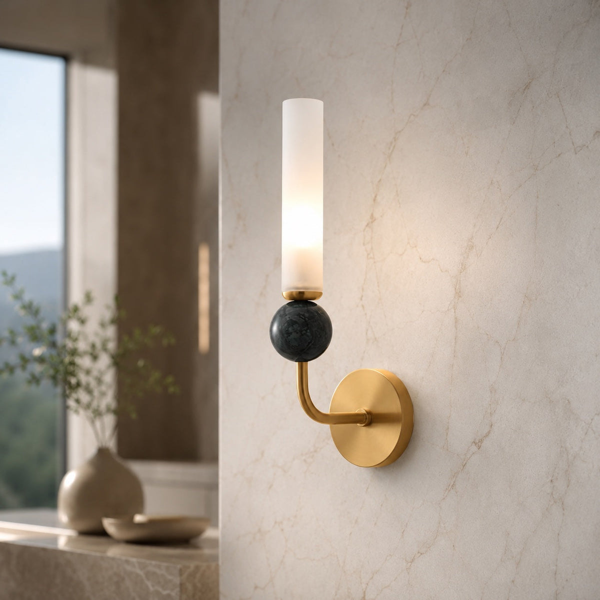 Modern Vertical Mount Wall Sconce — Solid Brass Frame, White Acrylic Shade