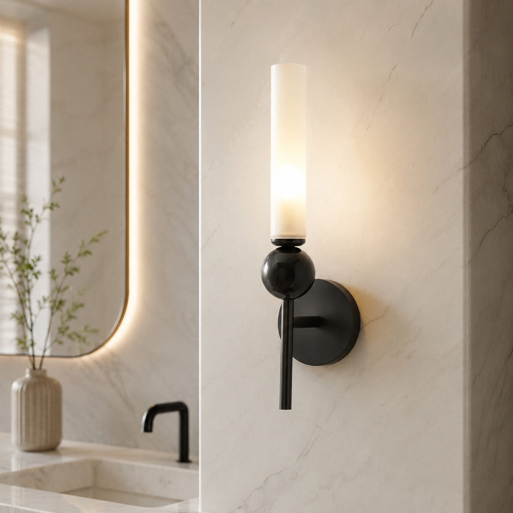 Modern Vertical Mount Wall Sconce — Solid Brass Frame, White Acrylic Shade