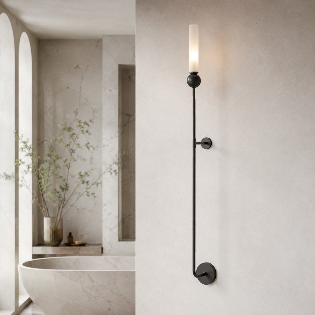 Modern Vertical Mount Wall Sconce — Solid Brass Frame, White Acrylic Shade