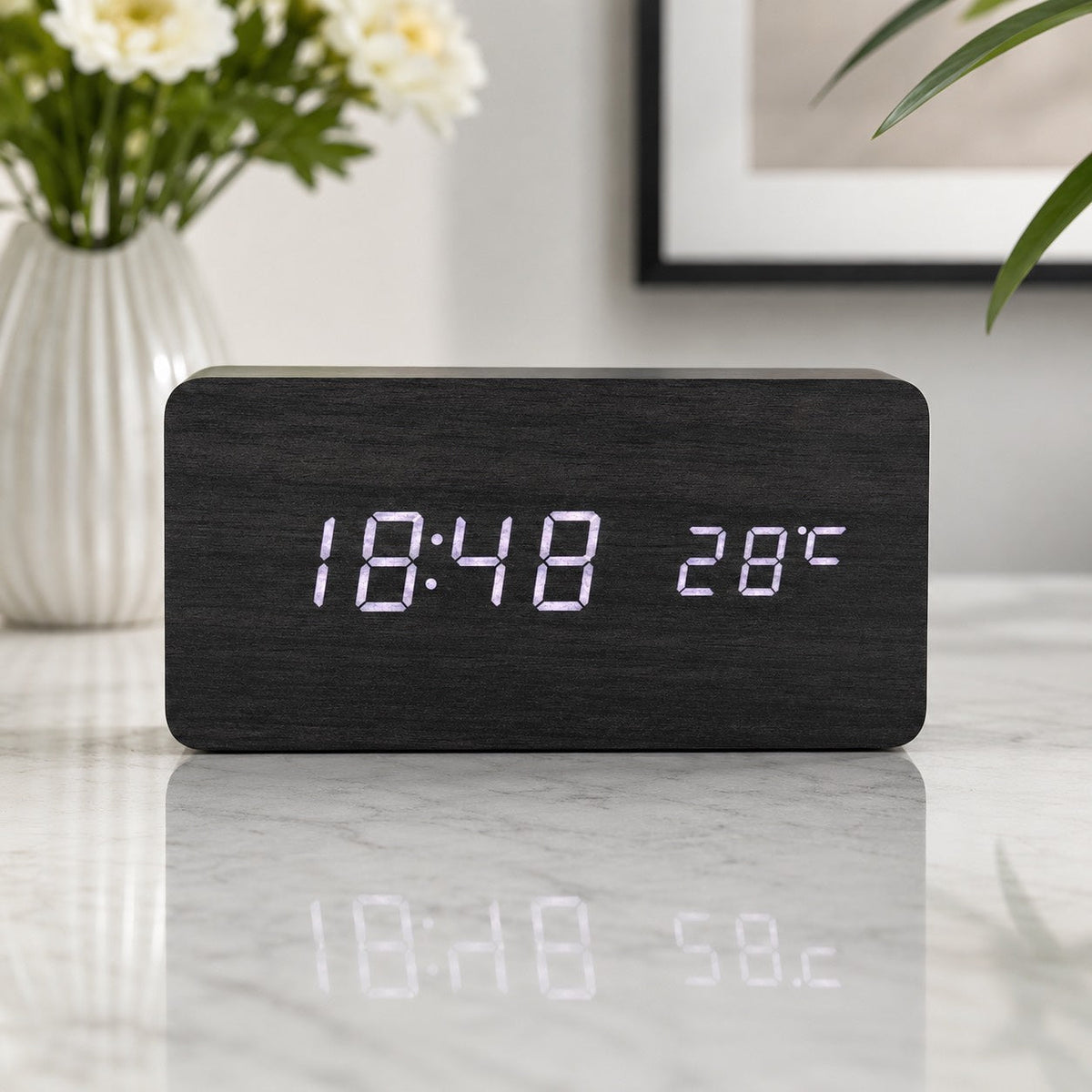 Digital Alarm Clock — Modern Timber Design, Adjustable Brightness LED Display