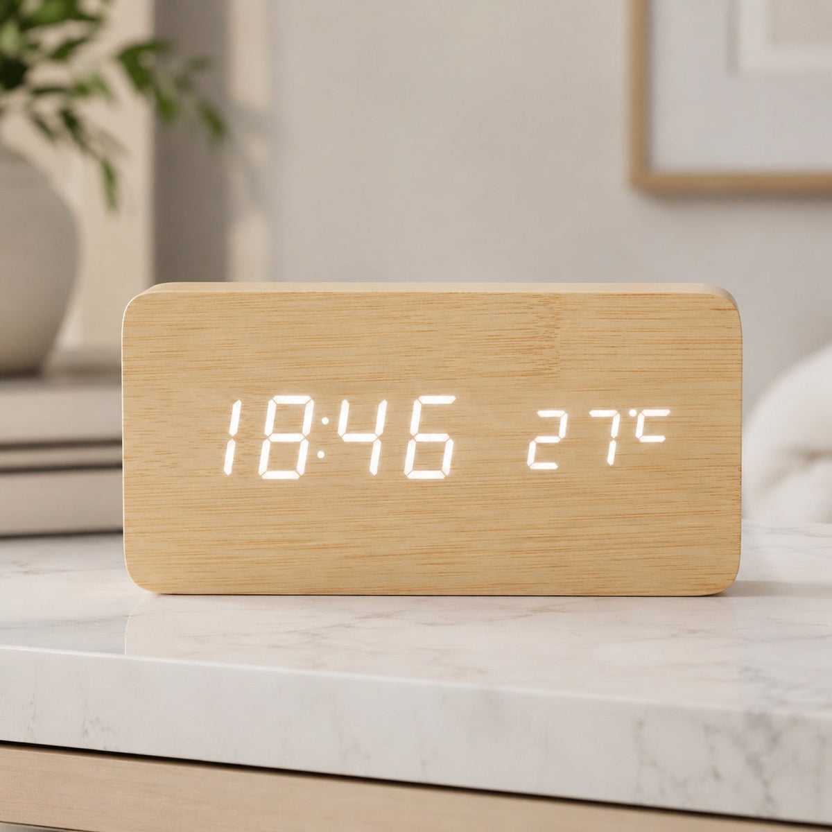 Digital Alarm Clock — Modern Timber Design, Adjustable Brightness LED Display