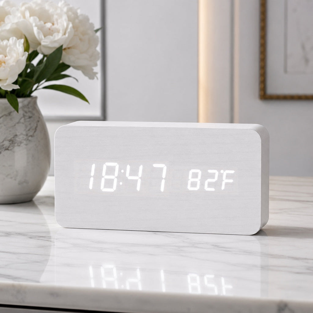 Digital Alarm Clock — Modern Timber Design, Adjustable Brightness LED Display