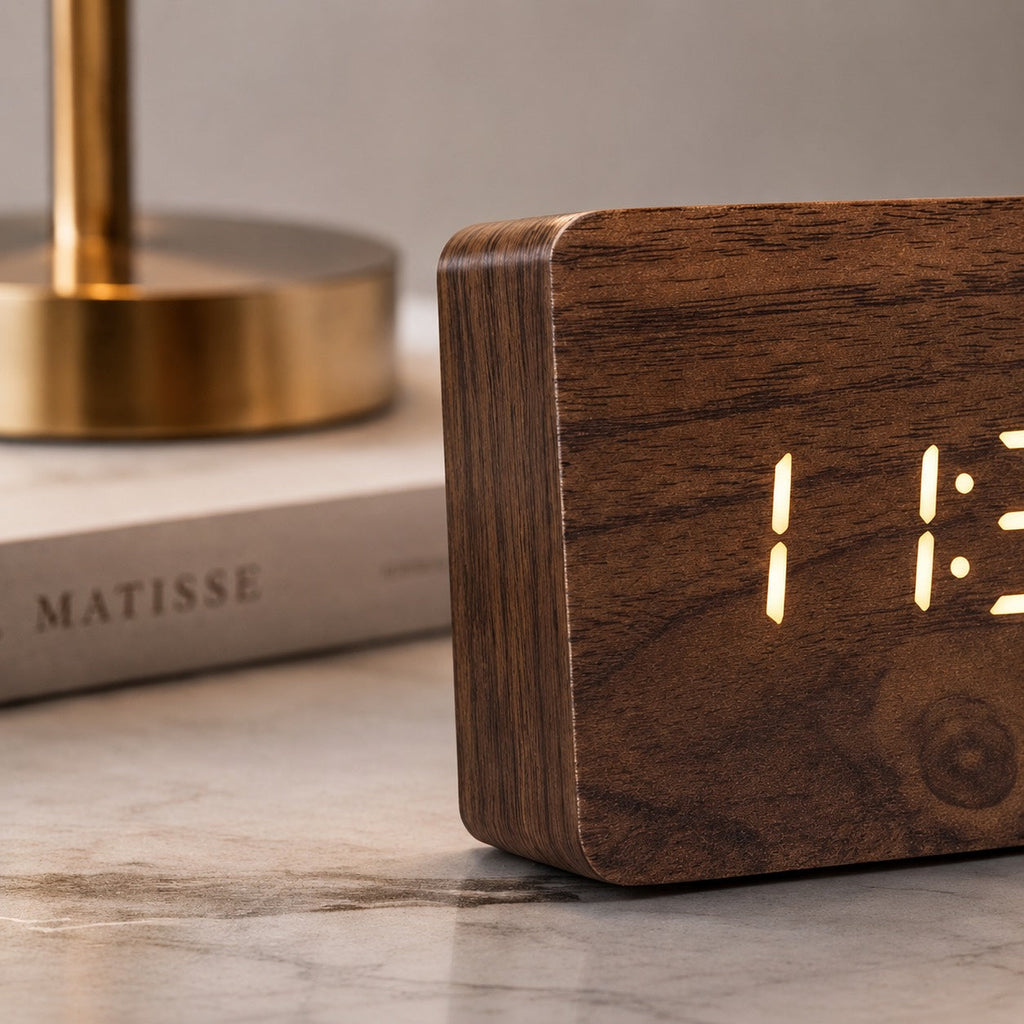 Digital Alarm Clock — Modern Timber Design, Adjustable Brightness LED Display