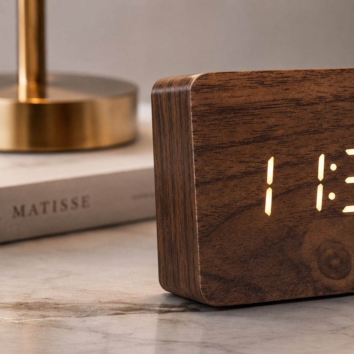 Digital Alarm Clock — Modern Timber Design, Adjustable Brightness LED Display