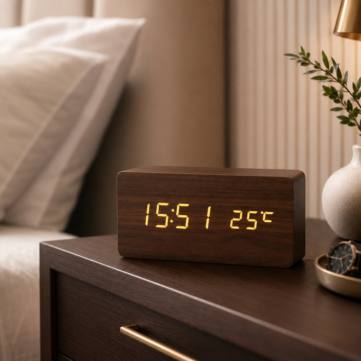 Digital Alarm Clock — Modern Timber Design, Adjustable Brightness LED Display
