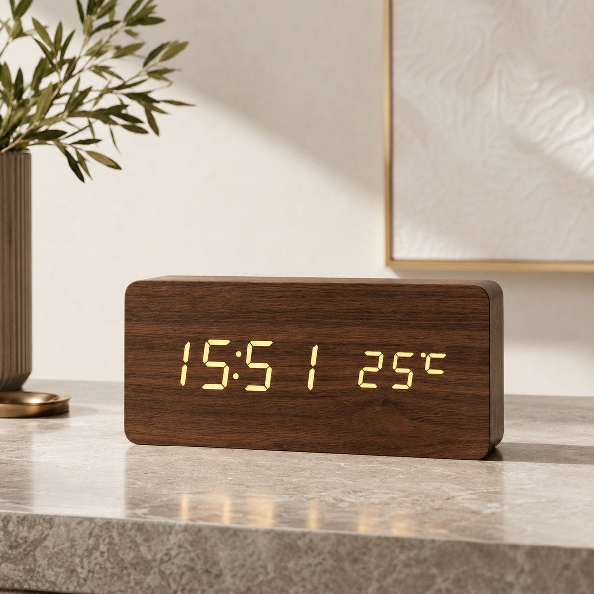 Digital Alarm Clock — Modern Timber Design, Adjustable Brightness LED Display