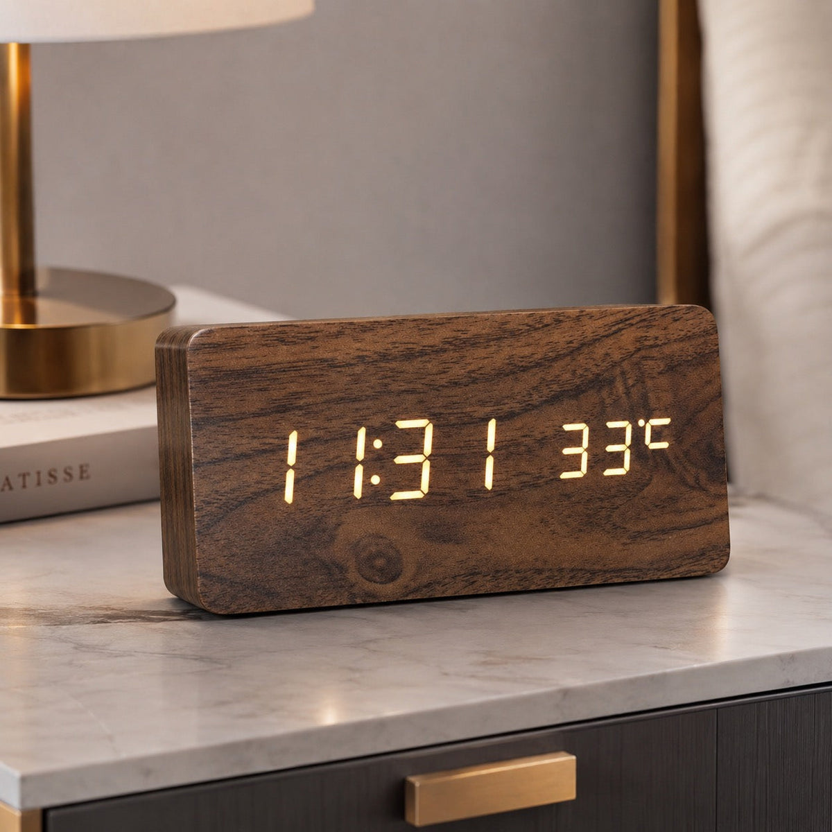 Digital Alarm Clock — Modern Timber Design, Adjustable Brightness LED Display