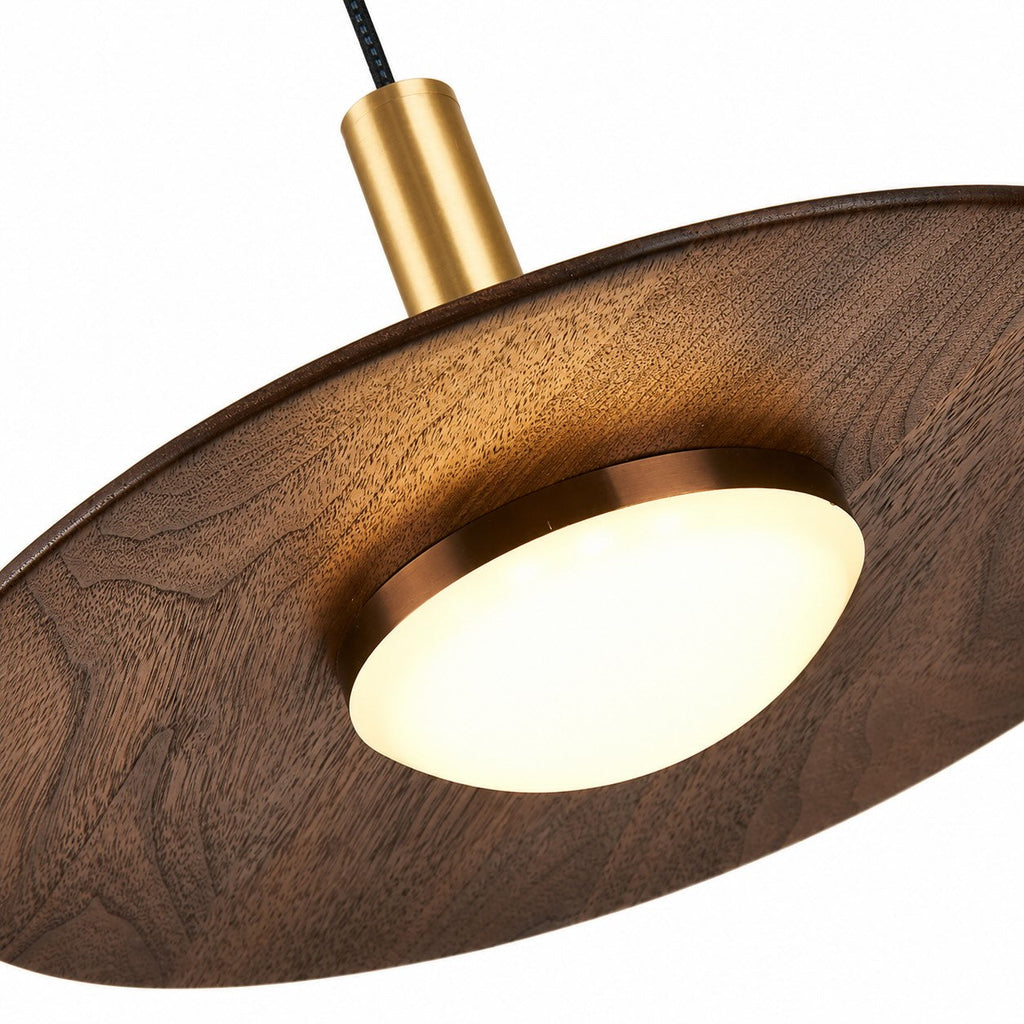 Moderní stropní LED svítidlo z přírodního dřeva na povrchovou montáž - nastavitelná výška, leštěný měděný prstenec