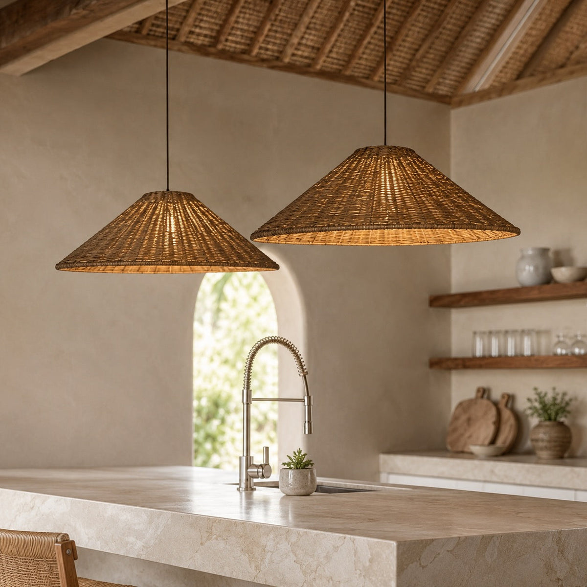 Modern LED-pendellampe i rattan - justerbar højde, håndbundet spiralskærm