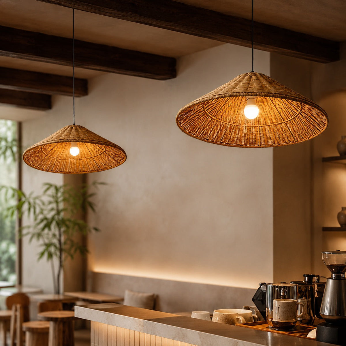 Modern LED-pendellampe i rattan - justerbar højde, håndbundet spiralskærm