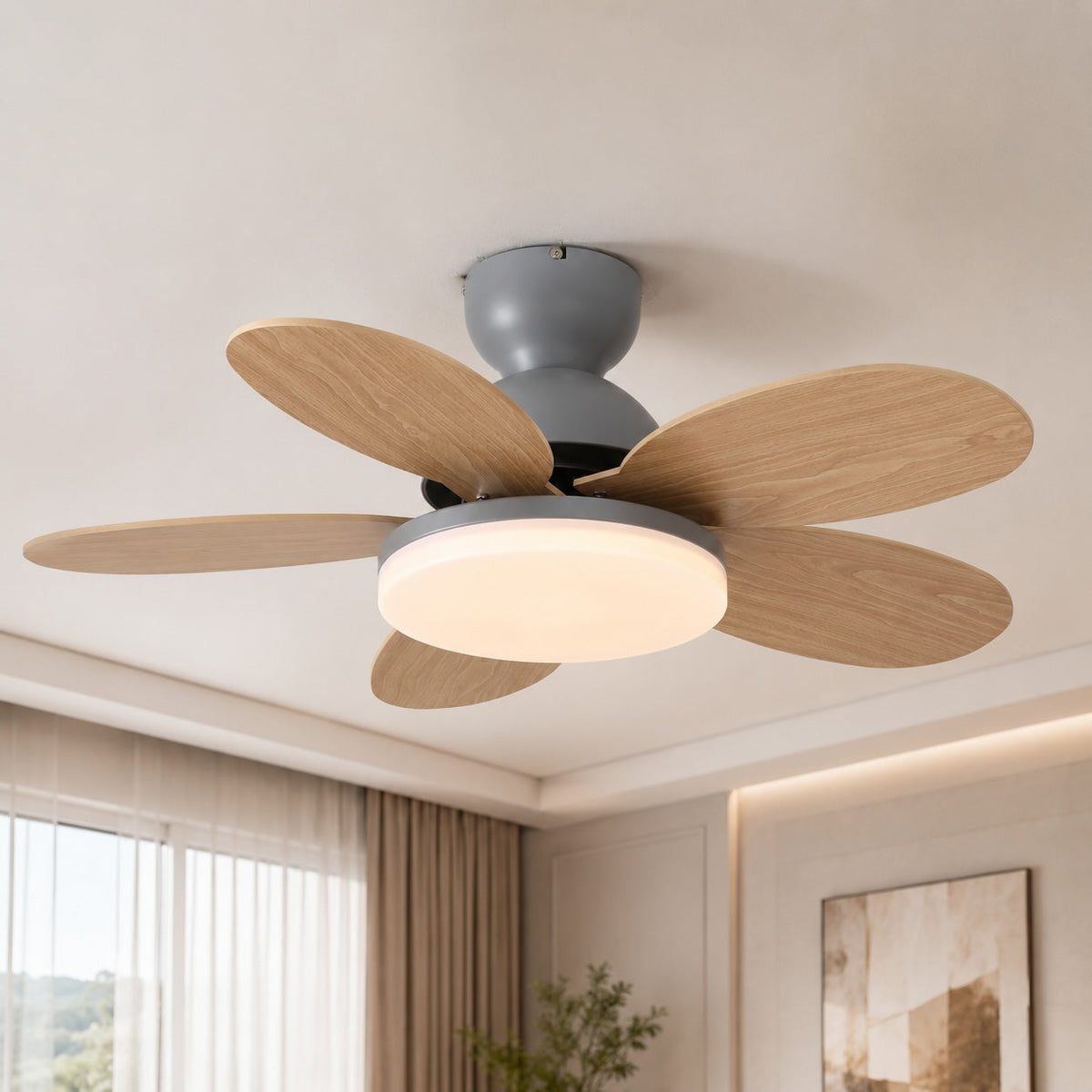 35.4-Zoll-moderner weißer Deckenventilator für die flache Montage – integrierte LED-Leuchte, flüsterleiser Gleichstrommotor