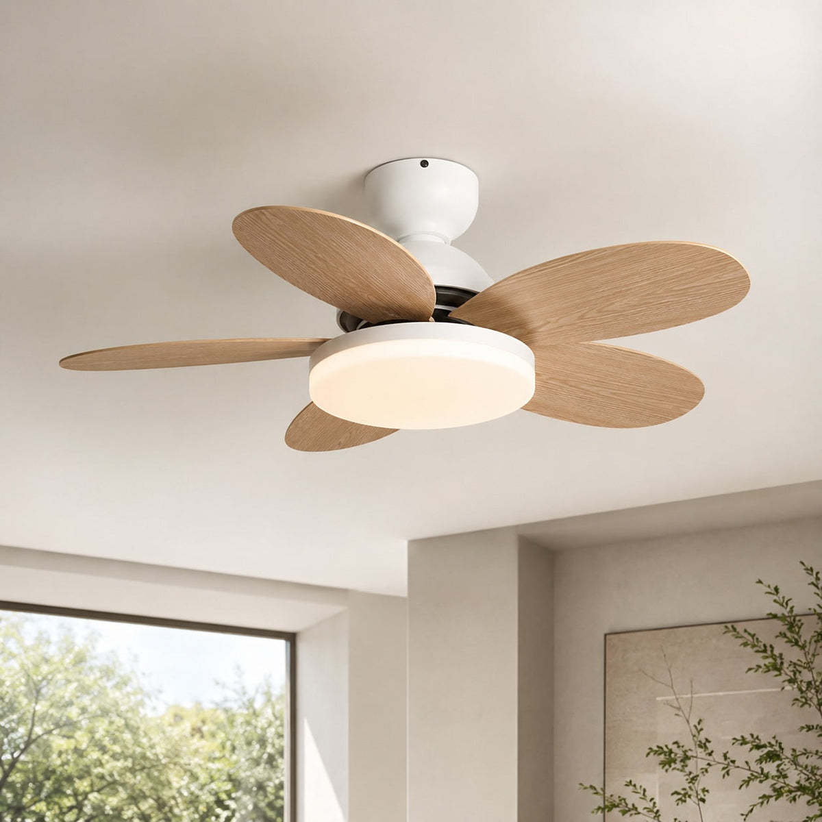 35.4-Zoll-moderner weißer Deckenventilator für die flache Montage – integrierte LED-Leuchte, flüsterleiser Gleichstrommotor