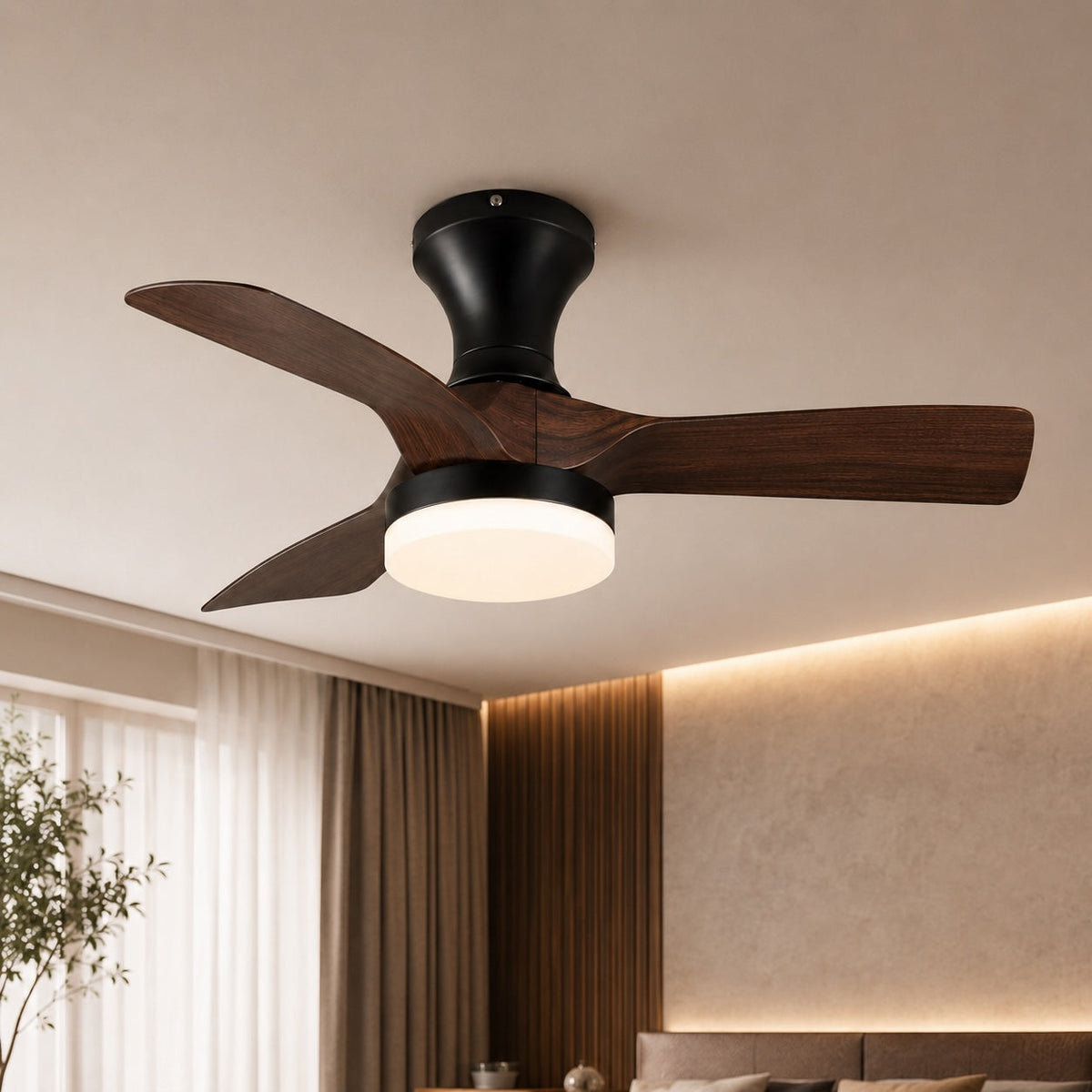 Moderne sort loftsventilator i metal - integrerede LED-lys, 6-trins styring