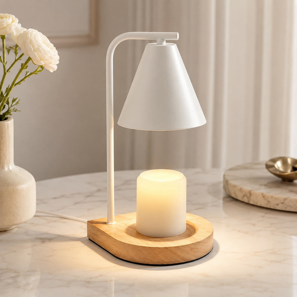 Moderní stolní svítidlo s ohřívačem svíček - mechanismus s nastavitelnou výškou, elegantní skleněný design