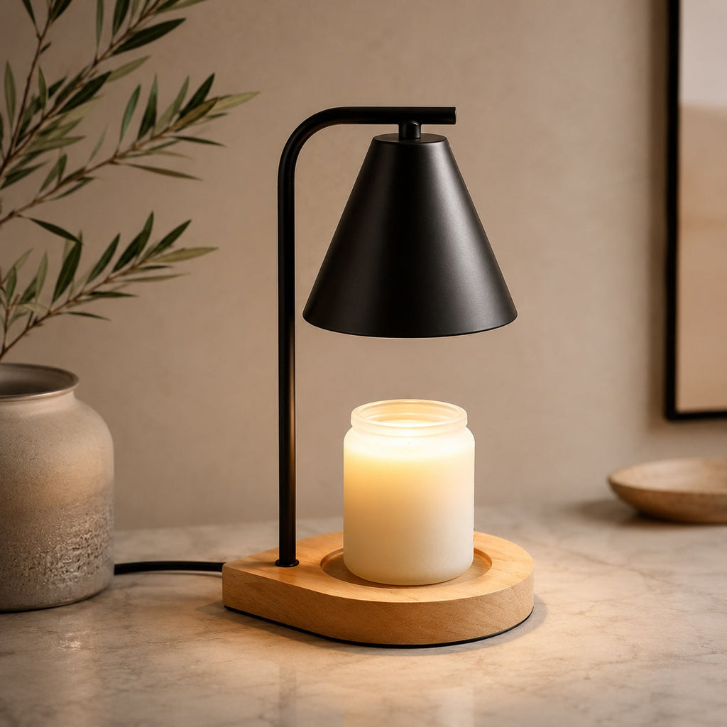 Moderní stolní svítidlo s ohřívačem svíček - mechanismus s nastavitelnou výškou, elegantní skleněný design