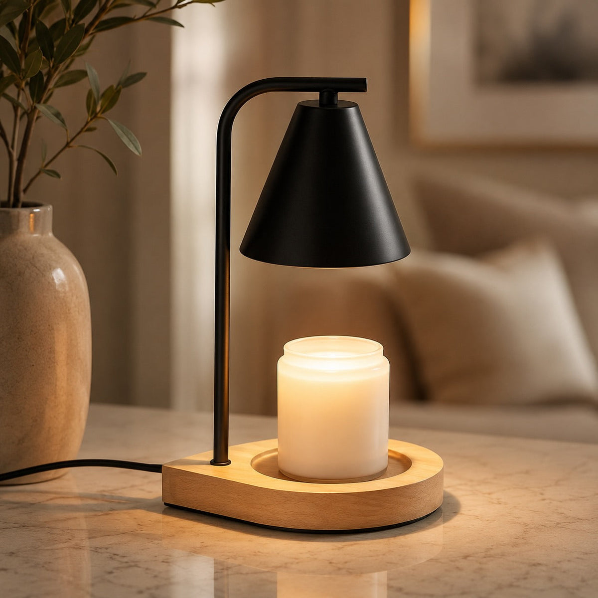 Moderní stolní svítidlo s ohřívačem svíček - mechanismus s nastavitelnou výškou, elegantní skleněný design