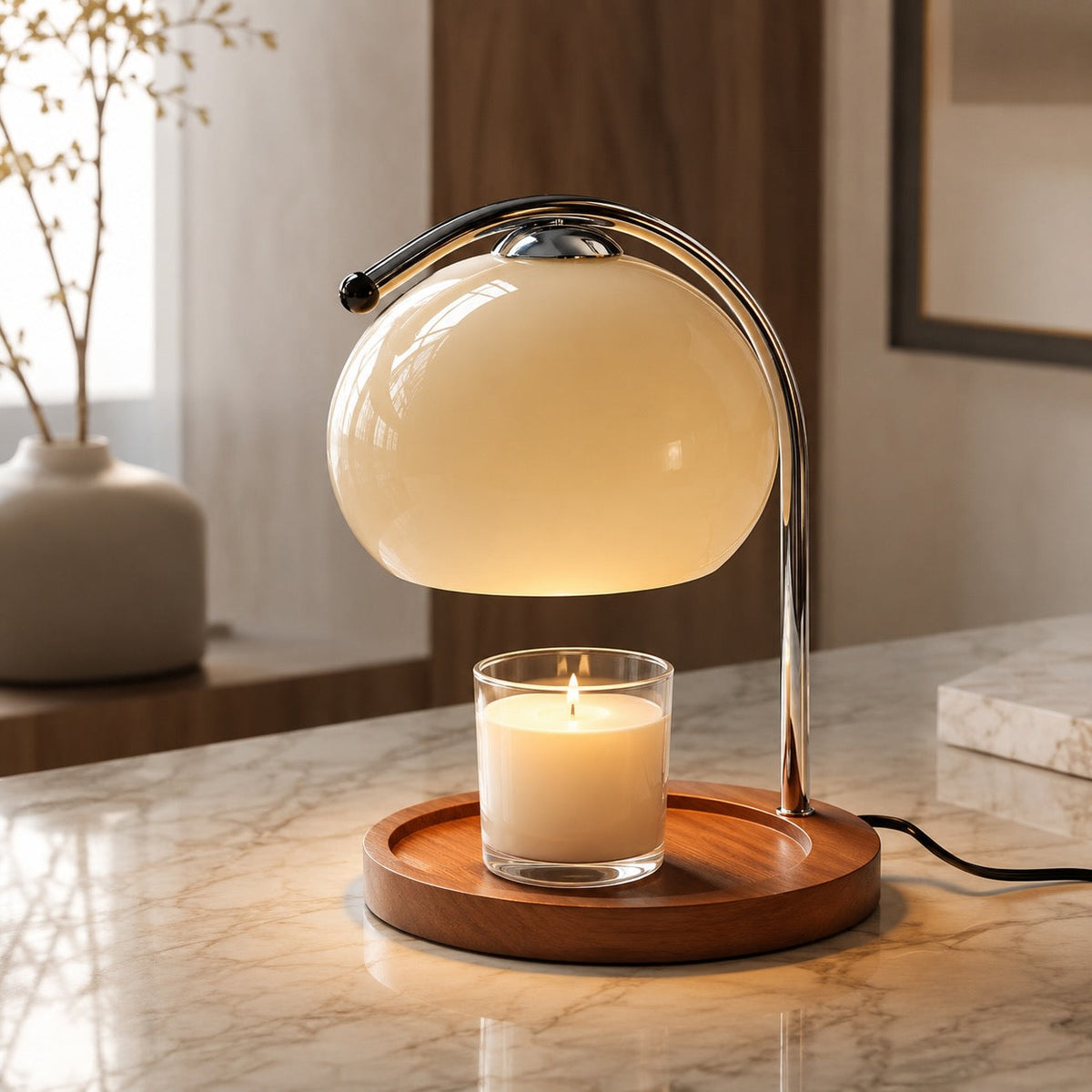 Lampada da tavolo moderna regolabile in vetro e metallo — altezza 30cm, illuminazione d'ambiente, scaldacandela
