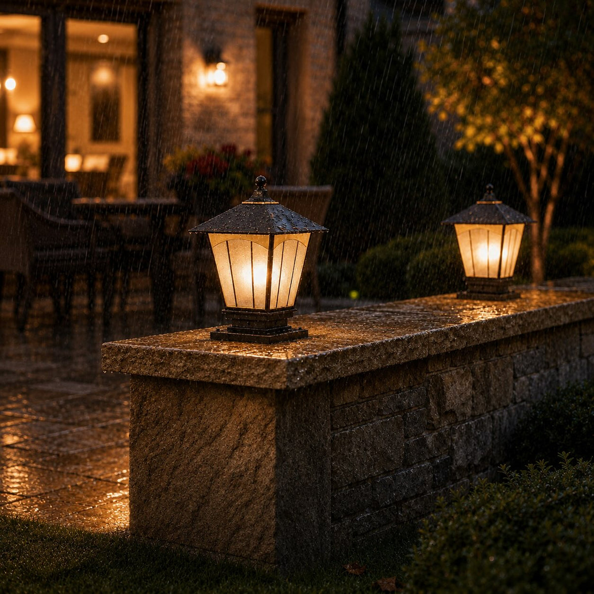 Lampă de exterior modernă, tip stâlp, montată pe perete — cupru solid, abajur din sticlă, impermeabilă IP55, compatibilă cu E27