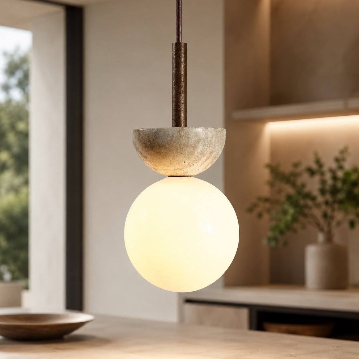 コンパクトなトラバーチンストーンペンダント — 丸型LED北欧シーリング