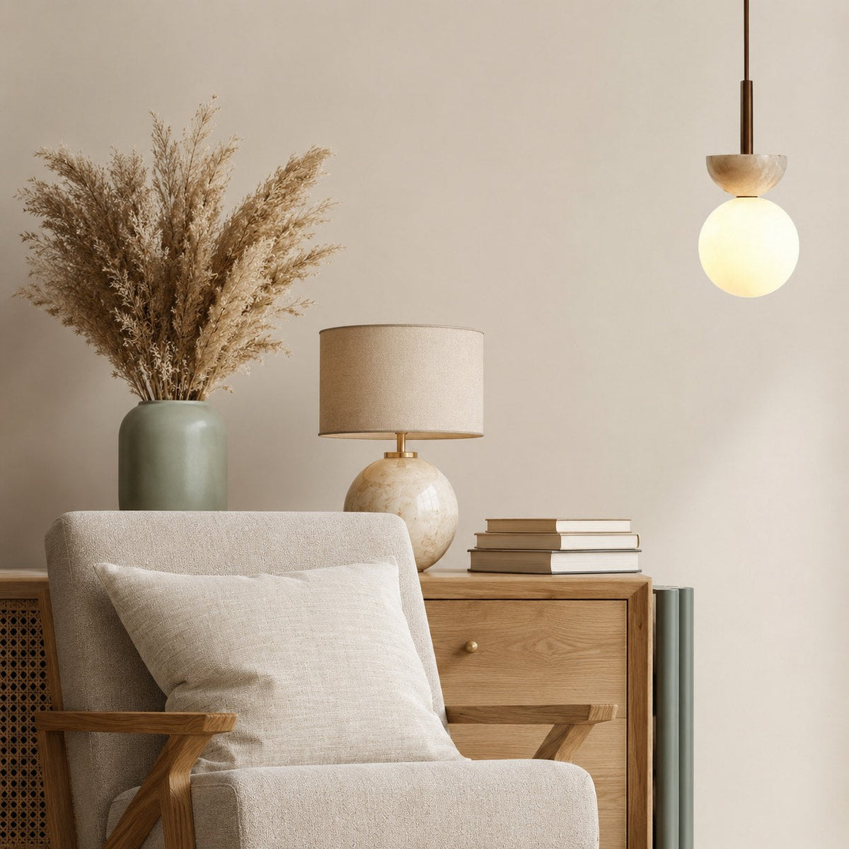 Compact Travertine Stone Pendant — Round LED Nordic Ceiling Light