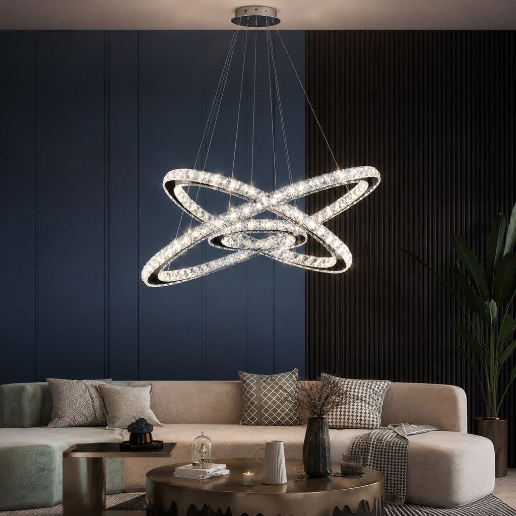 Lámpara de araña LED de cristal moderna — suspensión ajustable de múltiples anillos, anillos concéntricos con inclinación independiente