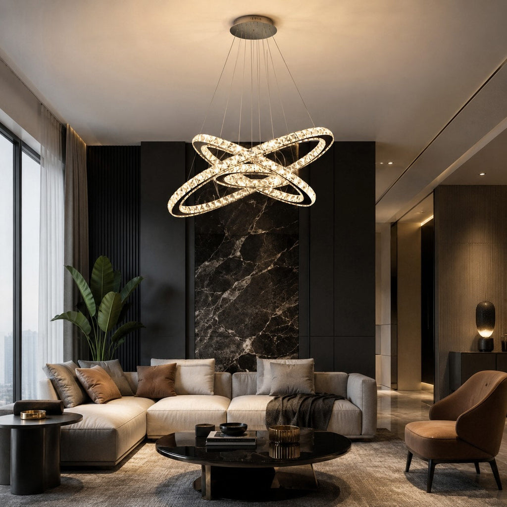 Lámpara de araña LED de cristal moderna — suspensión ajustable de múltiples anillos, anillos concéntricos con inclinación independiente