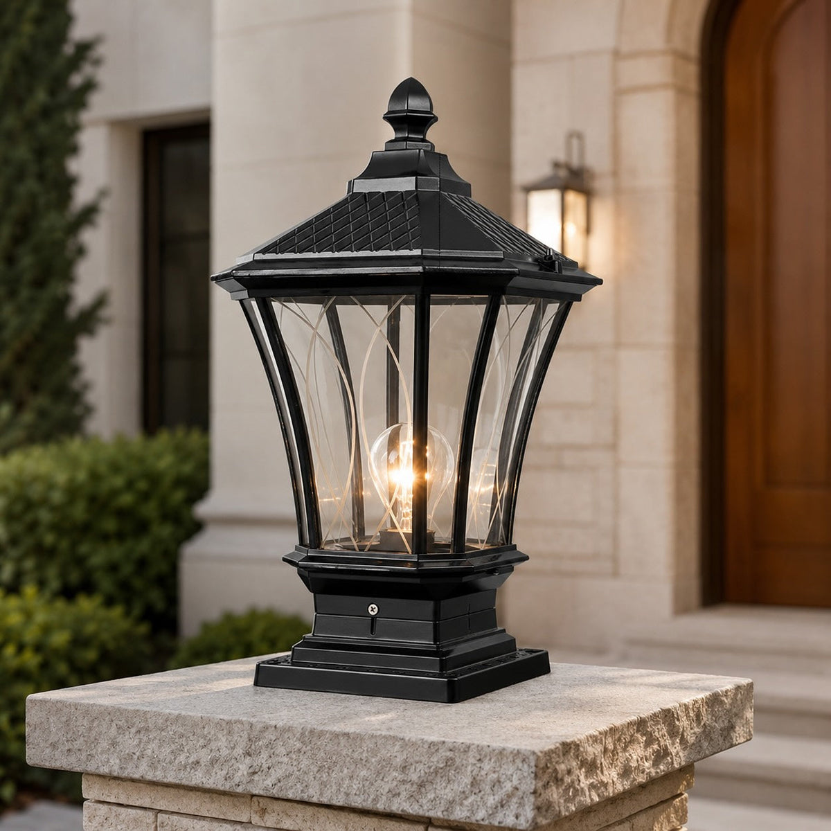 Lampă solară tradițională de exterior tip stâlp — abajur octogonal din sticlă, construcție din aluminiu, LED de 5W
