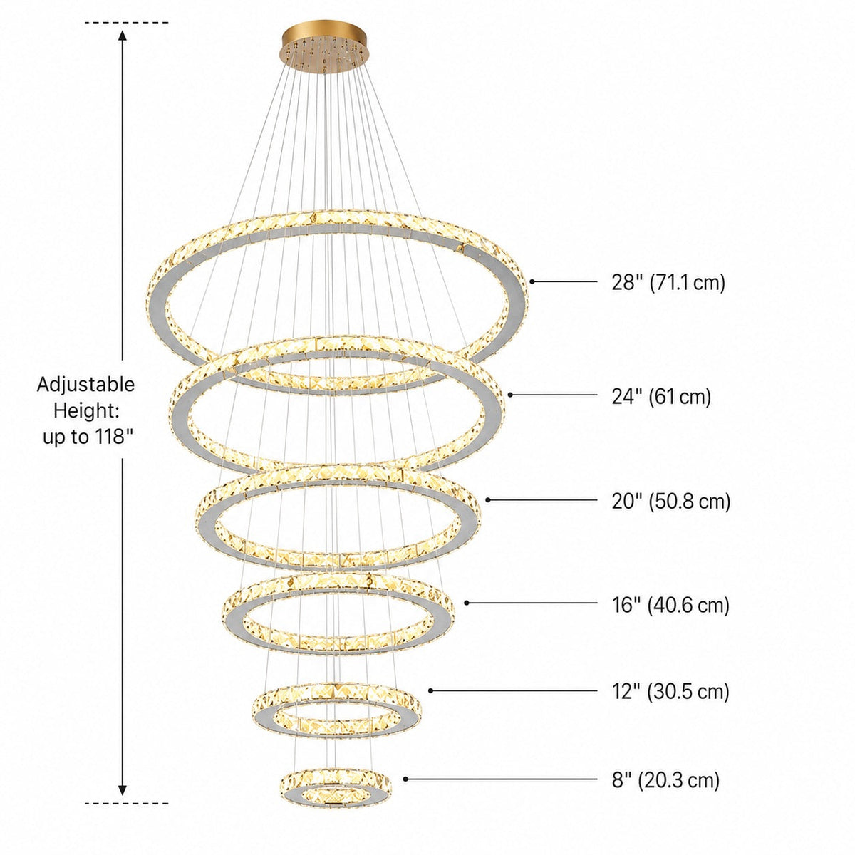 Lámpara de araña LED de cristal moderna — suspensión ajustable de múltiples anillos, anillos concéntricos con inclinación independiente