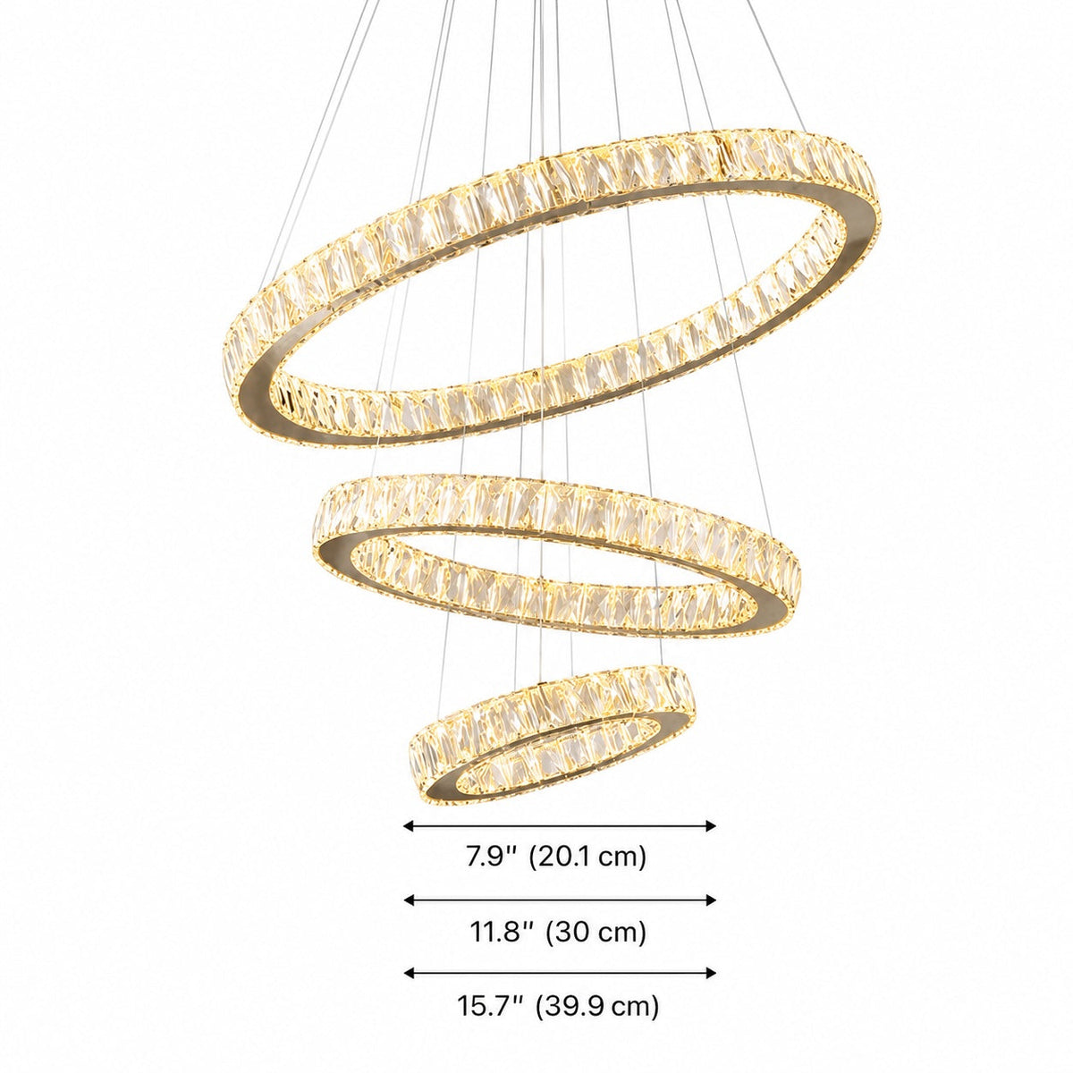 Lámpara de araña LED de cristal moderna — suspensión ajustable de múltiples anillos, anillos concéntricos con inclinación independiente
