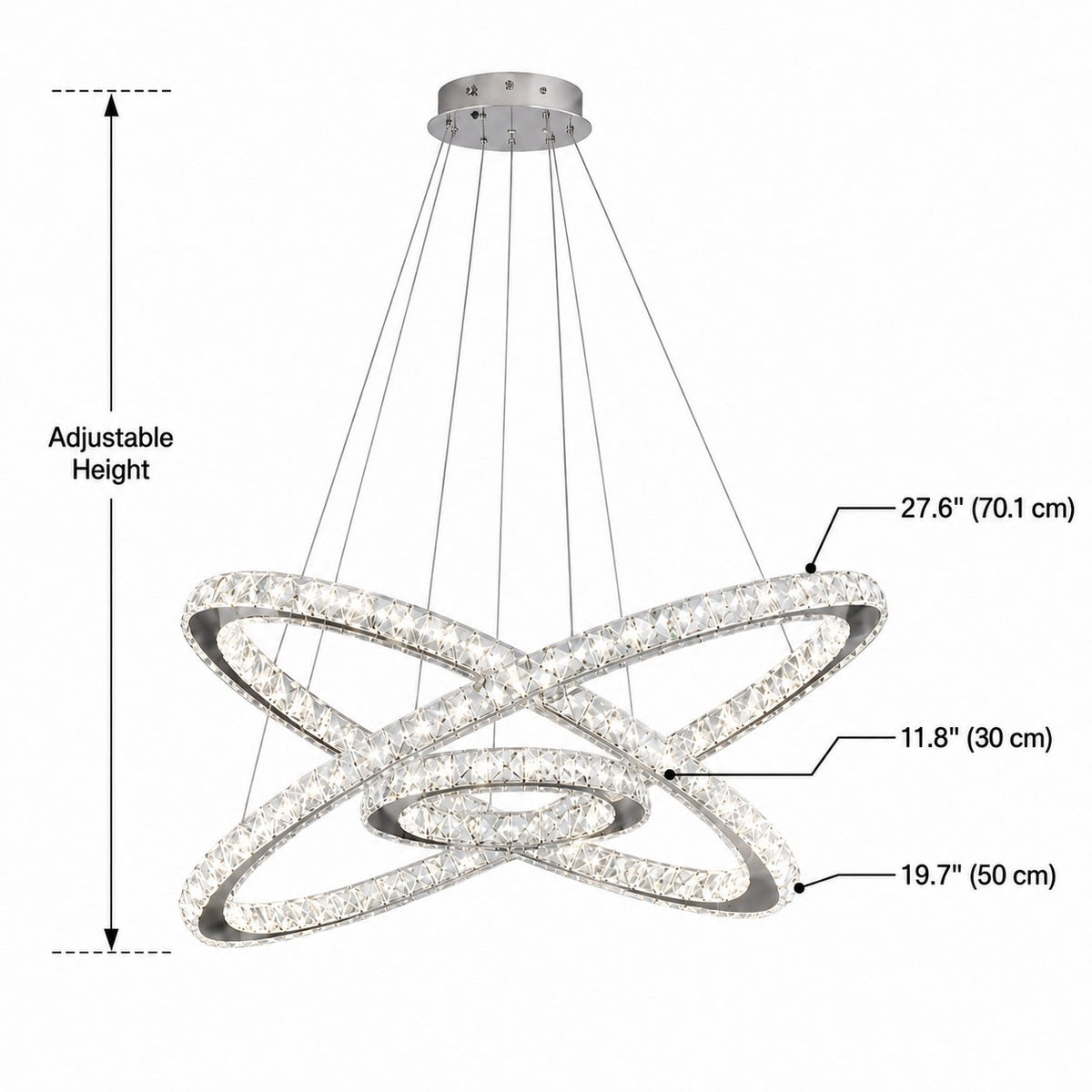 Lámpara de araña LED de cristal moderna — suspensión ajustable de múltiples anillos, anillos concéntricos con inclinación independiente
